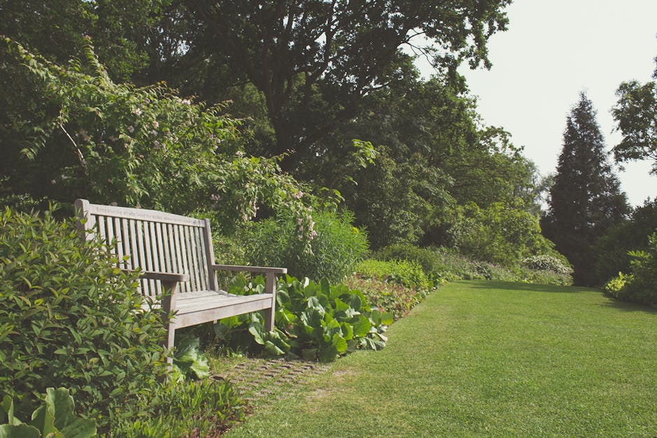 A tranquil garden scene featuring a neatly maintained lawn with lush, bright green grass bordered by a flower bed filled with leafy green plants and blooming shrubs. On the left side, there is a woode