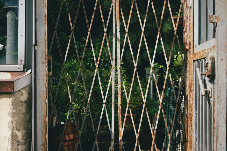 A narrow garden pathway enclosed by dense foliage and leafy shrubs on both sides, with a wooden gate at the entrance. The gate features vertical wooden slats, a sturdy post with a pointed top, and a s